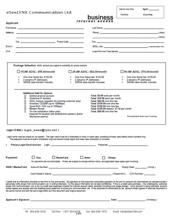 ADSL application form (for business)