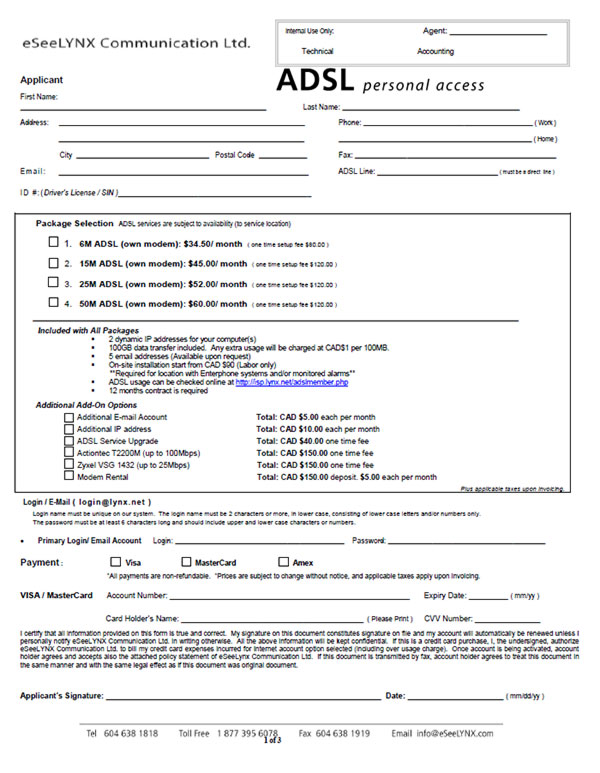 ADSL application form (for personal)
