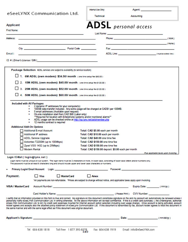 ADSL application form (for personal)